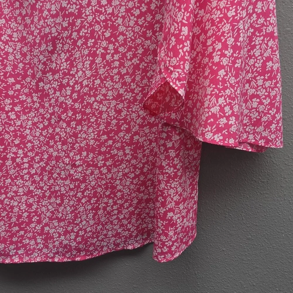 Gaharu Shirt Womens 2XL Pink Floral Split V Neck Bell Sleeve Flutter Blouse - Picture 4 of 12